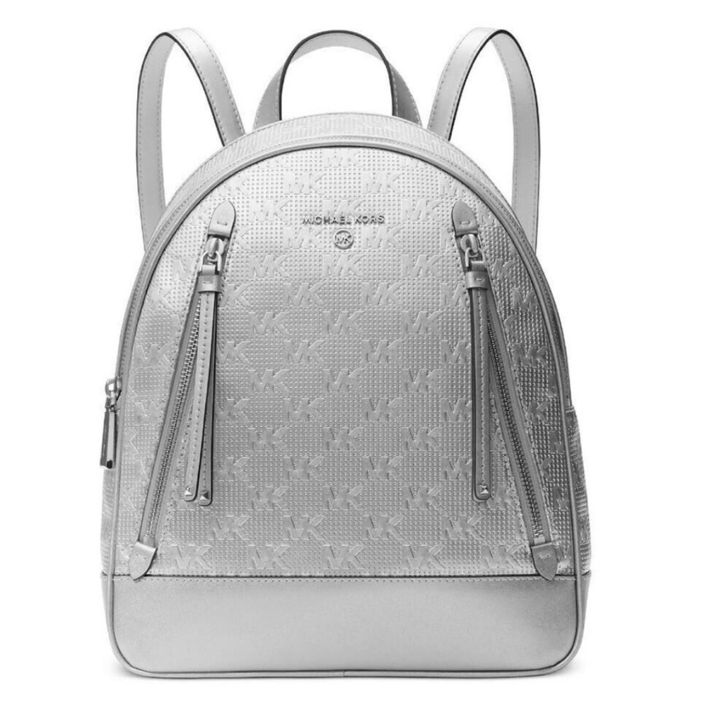 Michael Kors Brooklyn Metallic Silver Backpack Monogram MK embossed A1